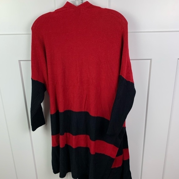 Chicos Small Medium Oversized Sweater Cardigan Knee Length Red Black Pockets - Picture 6 of 9